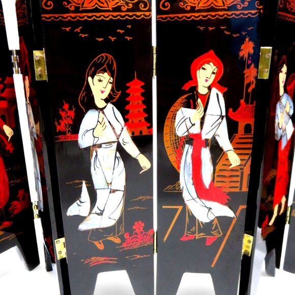 Geisha Mini FOLDING SCREEN Black Lacquer 6 Panel Asian Women Vintage - Picture 5 of 12